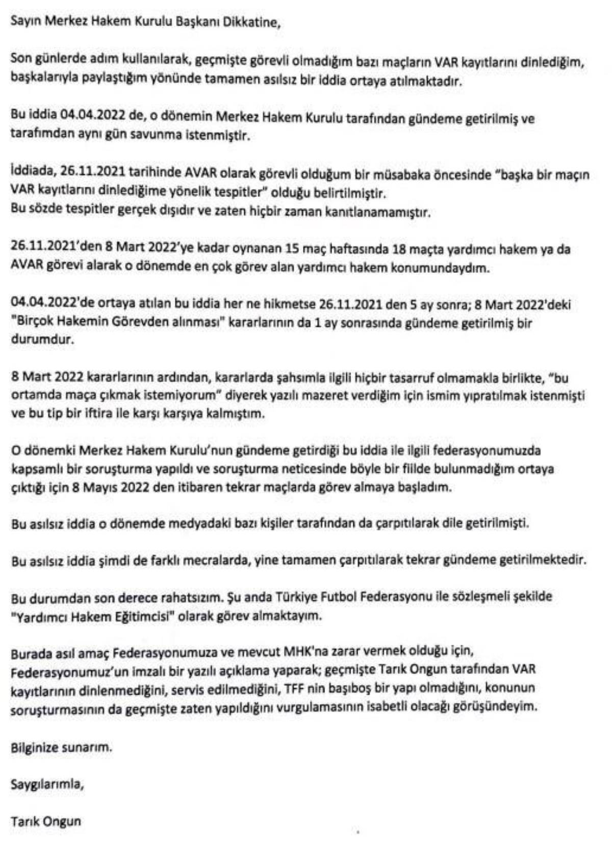 Hakem Tarık Ongun'un VAR kayıtlarını dinlediği iddia edilmişti: TFF konuyla ilgili 14 sayfa tutanak yayınladı!