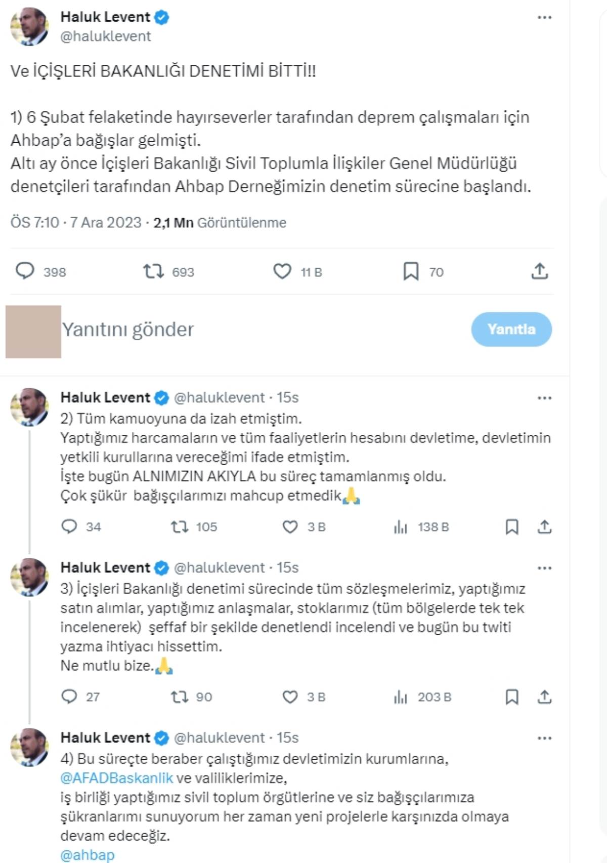 İçişleri Bakanlığı'nın AHBAP denetimi sona erdi: Haluk Levent'ten açıklama geldi