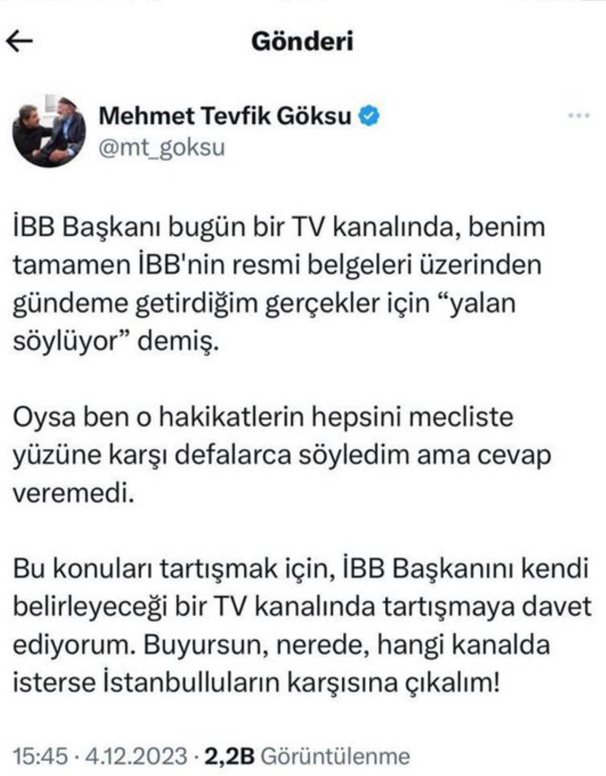 Tevfik Göksu, İmamoğlu'nu tartışma programına davet etti: Sözünün doğruluğuna güvenen gelsin!