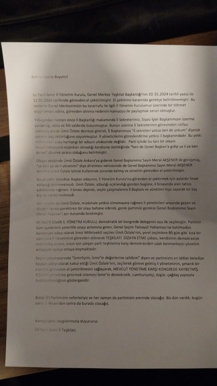 Görevden alınan İYİ Parti İzmir İl Teşkilatı'ndan zehir zemberek basın açıklaması: 'Şımarık bir kaprisle...'