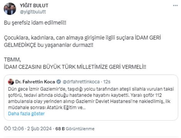 Yiğit Bulut, Oğuz Erge cinayeti üzerine 'idam' çağrısı yaptı