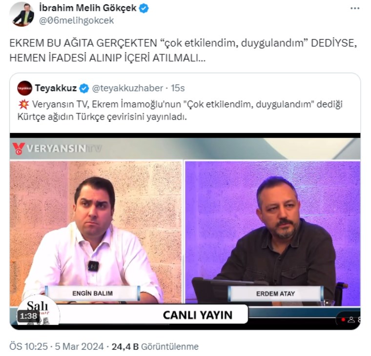 Melih Gökçek’in hedefi yine İmamoğlu: Yanlış çeviriyi paylaştı, ‘içeri alınmalı’ dedi