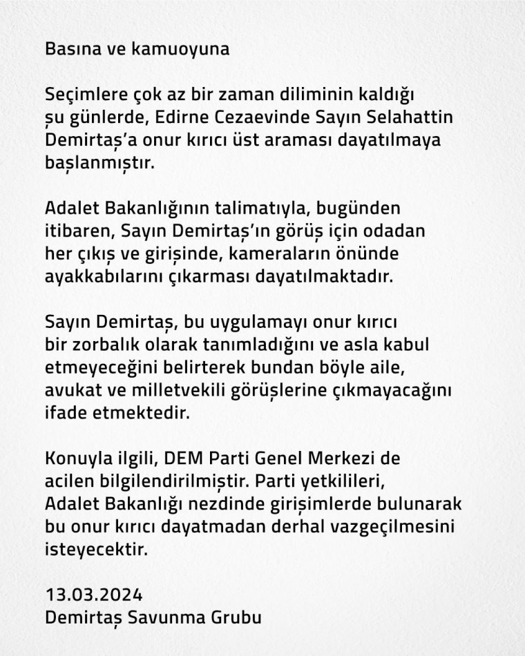 Avukatları duyurdu: Demirtaş'a 'arama' dayatması